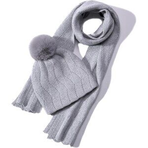 Women Hat Scarf Set Wool Blend Winter Beanie & Long Scarf Cold Weather Grey